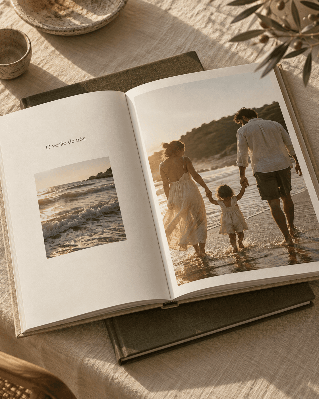 Composição ilustrativa de um anuário aberto, com fotografias de uma família na praia, sobre uma mesa de linho.